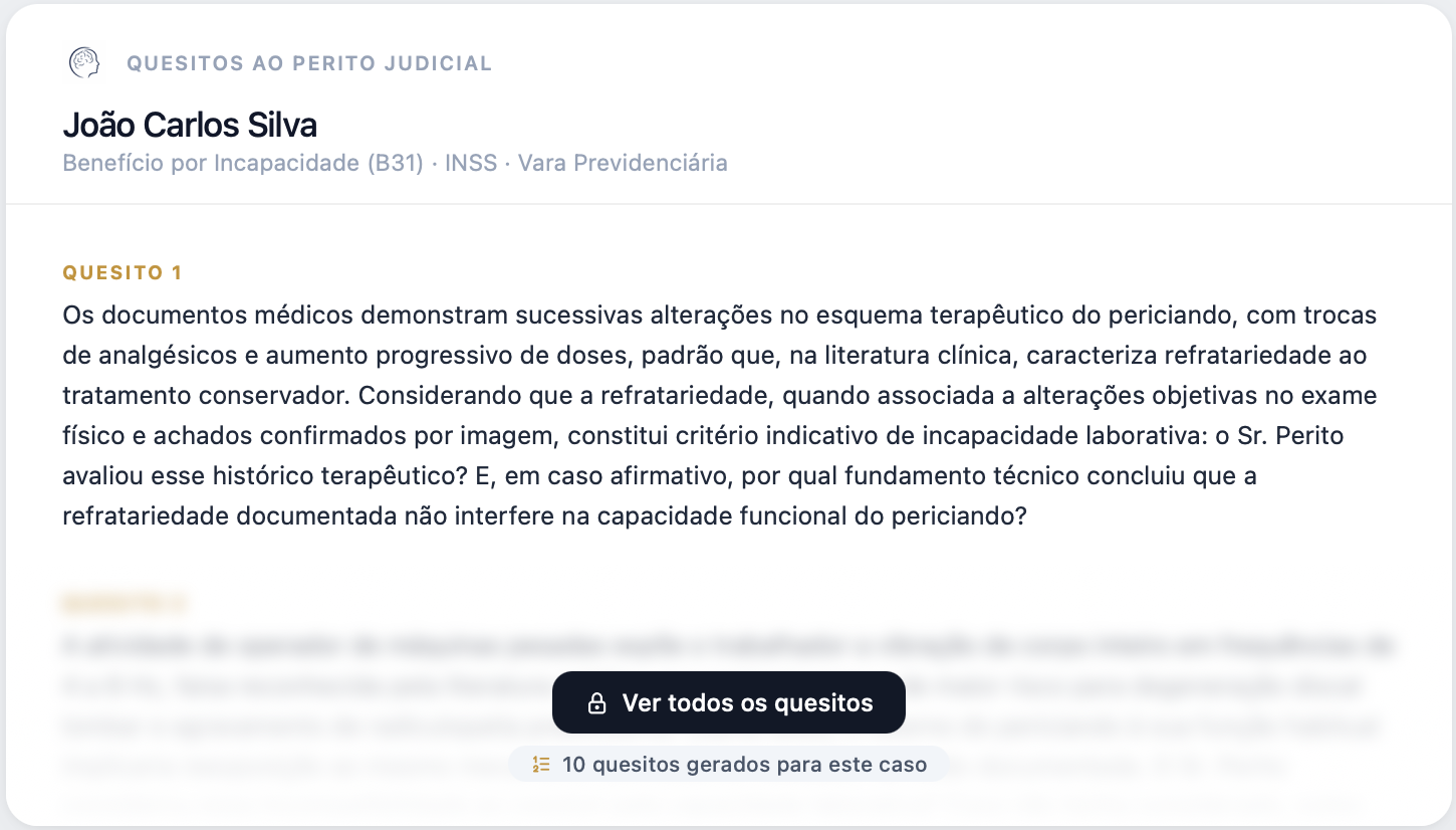 Quesitos ao perito judicial gerados pelo Mente do Perito para um caso de benefício por incapacidade