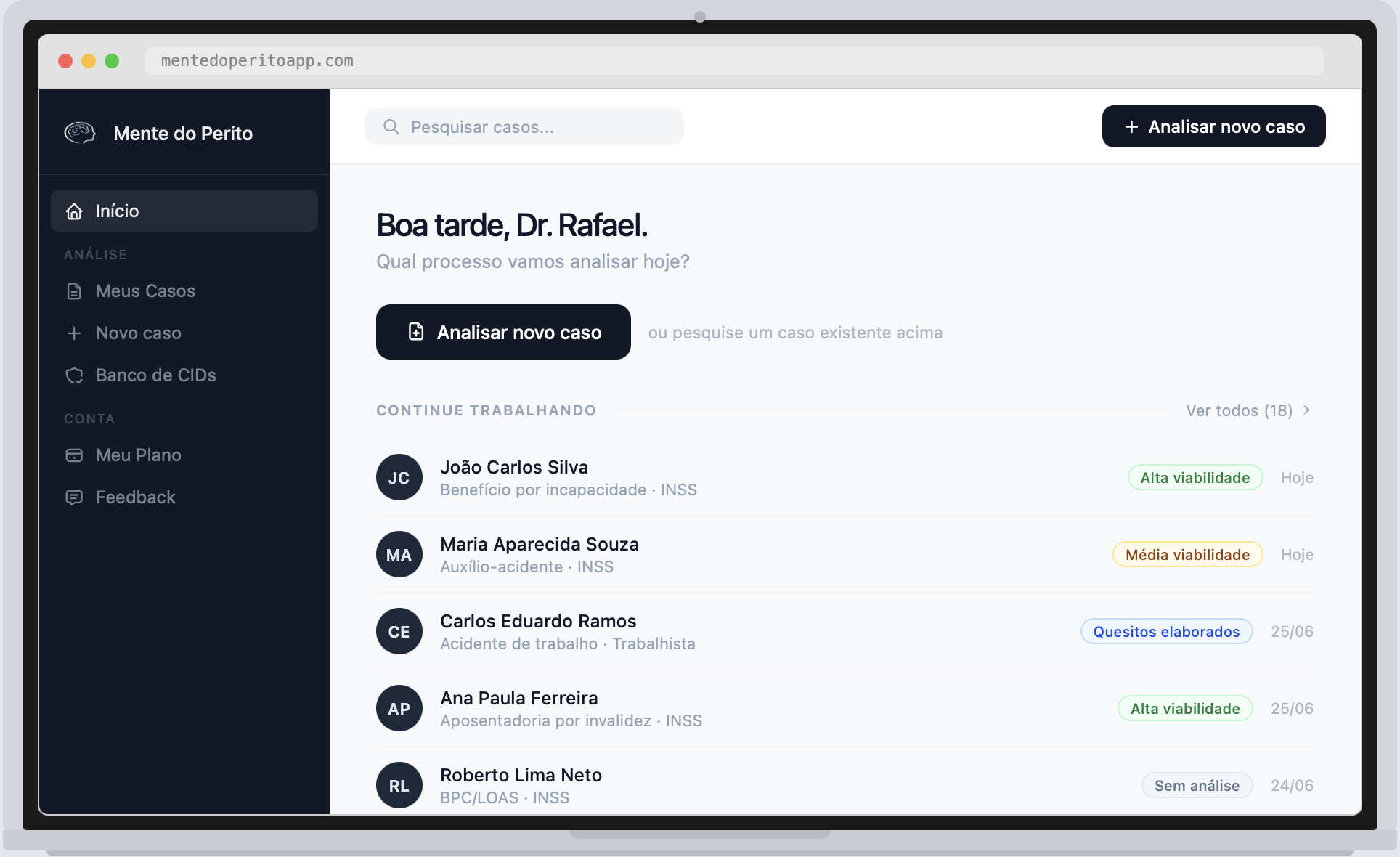 Dashboard Mente do Perito — casos, viabilidade, quesitos e impugnações