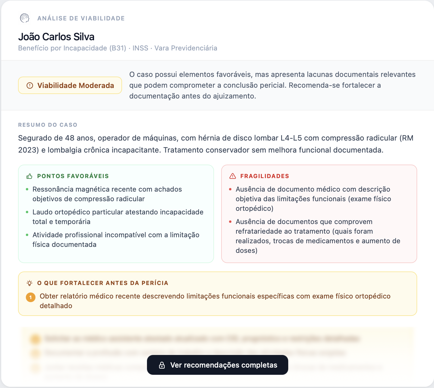 Análise de viabilidade do Mente do Perito mostrando pontos favoráveis, fragilidades e recomendações do caso