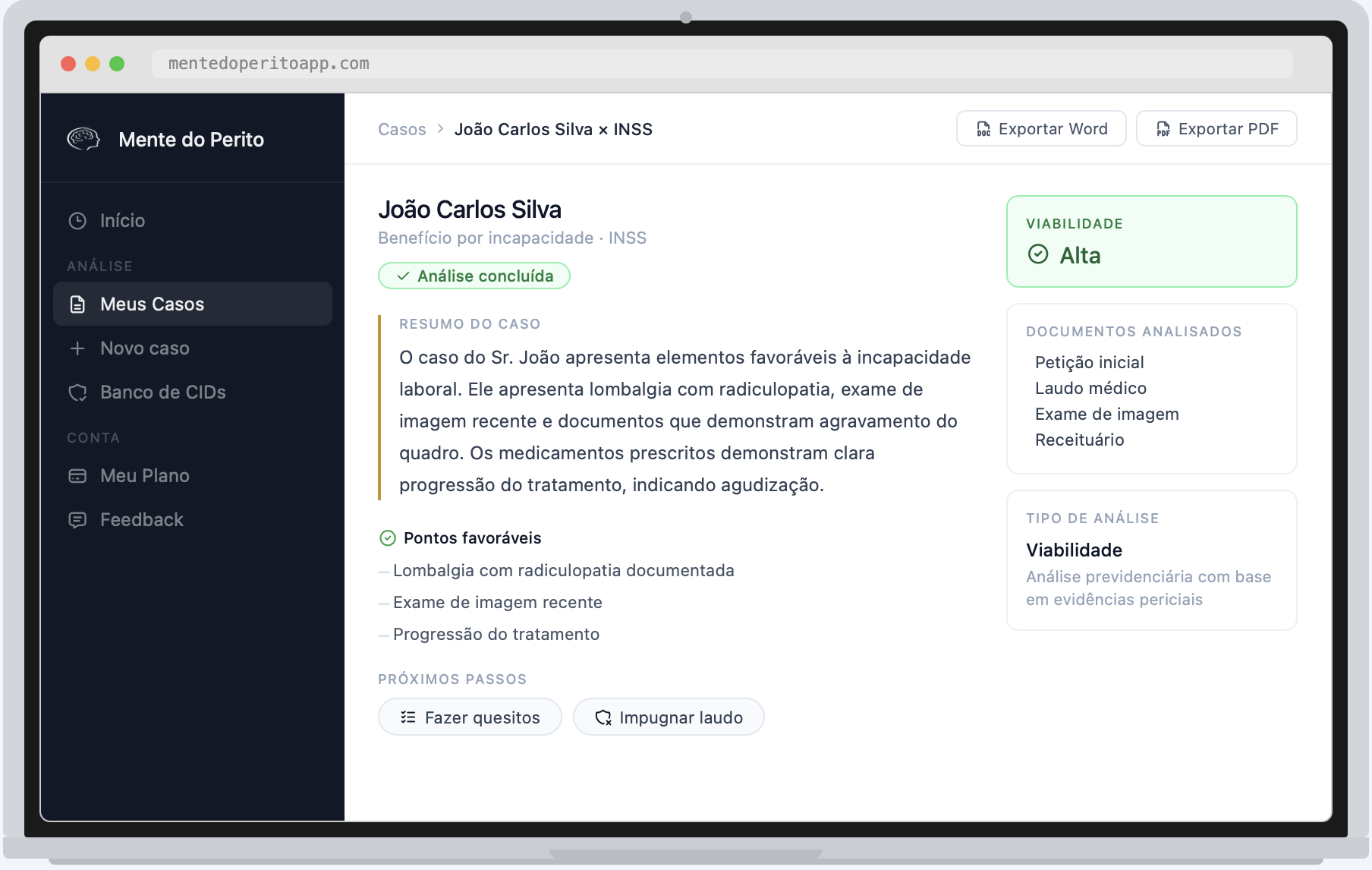 Tela do Mente do Perito mostrando análise de viabilidade de um caso previdenciário